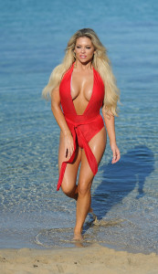 Bianca Gascoigne red swimsuit while in Greece 004