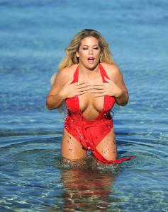 Bianca Gascoigne red swimsuit while in Greece 005